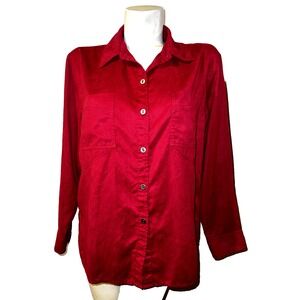 Chicos Red Button Down Long Sleeve Sueded Shirt Women Size L (2) w/Pockets